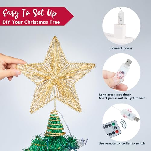 9.5-Inch Gold Christmas Tree Topper with 20 LED Warm White Lights and Remote Control