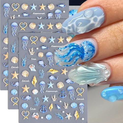 KAICCOSO 5D Embossed Starfish & Shell Nail Stickers - 3 Sheets Summer Beach DIY Manicure Decals