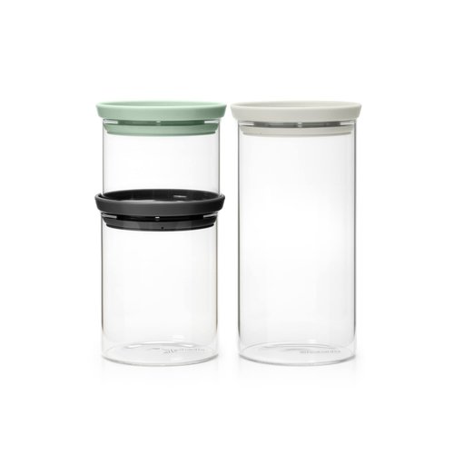 Brabantia 3pc Stackable Glass Food Jars (Mixed Colors) 0.08 + 0.16 + 0.3 Gal Heat-Safe, Dishwasher-Safe, Air-Tight Pantry Organizers