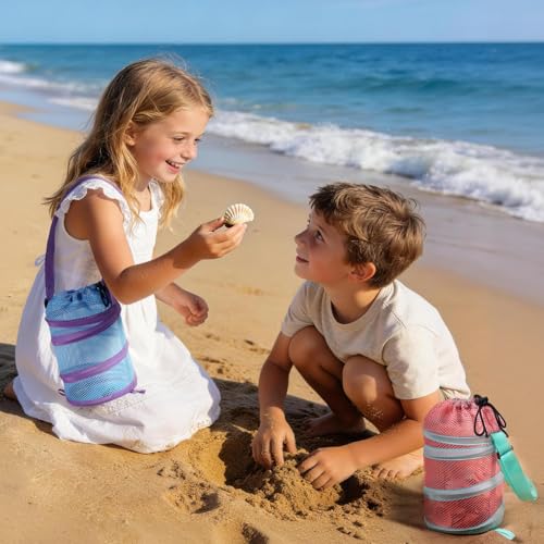 Kids Mesh Beach Bag Set Pink & Blue - Sea Shell & Travel Storage for Kids