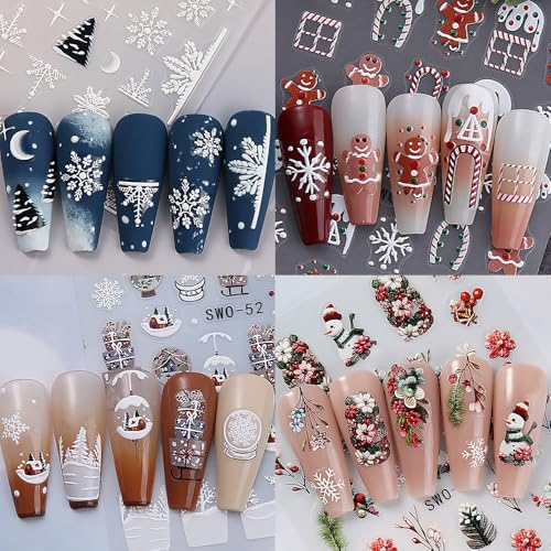 5D Christmas Nail Stickers Embossed Snowflake Decals 4 Sheets