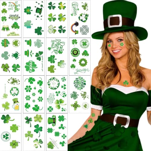 St. Patrick's Day Temporary Tattoos - 15 Sheets Shamrock Face Stickers