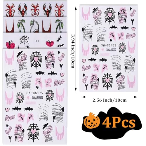 Halloween Nail Stickers 4-Pack Self-Adhesive Spooky Pumpkin Cobweb Decals