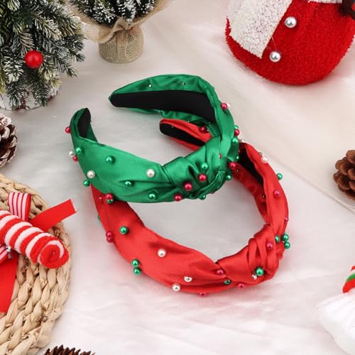 Christmas Knotted Headbands - 2PCS Red & Green Pearl Beaded Hair Accessories
