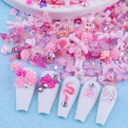 Sinyanail 300pcs Pink Nail Art Charms Kit with Resin Gems Rhinestones Pearls and Sequins