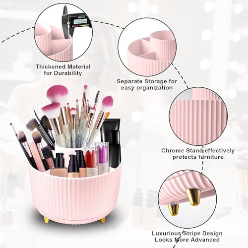 Will Oak Pink Large Makeup Brush Organizer with Compartments, Vanity Storage