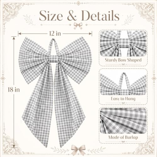 Grey Christmas Gingham Wreath Bow | 18" x 12" Holiday Door Decor