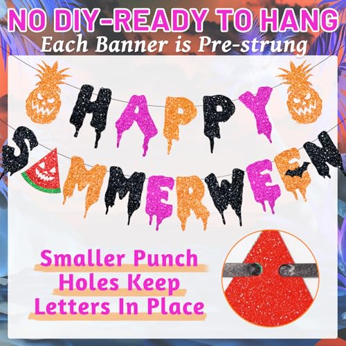 Happy Summerween Banner Set - Pre-Strung Glitter Pink Party Decorations