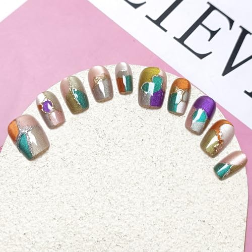 Handmade Press on Nails Medium Square Acrylic False Nails with Grid Design