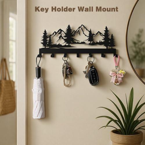 Hounahha 12-Inch Wall Mounted Key Holder with 7 Hooks, Mountain & Grove Design, Black Metal Storage Rack for Home & Office