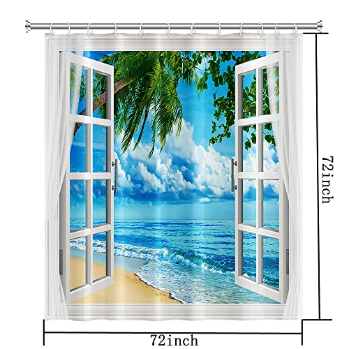 Tropical Beach Shower Curtain, Multi Seaside Palm Tree Bath Set 72x72"