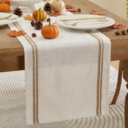 Jute Table Runner 108 Inch Farmhouse Linen with Natural Jute Lace - Off White