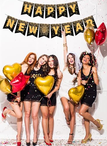 Happy New Year 2026 Banner | Elegant Black & Gold Party Decor