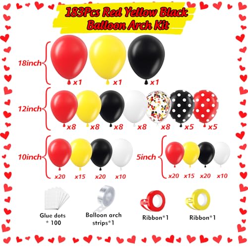 PityBlns Red Yellow Black Balloon Arch Kit 183pcs - Cartoon Mouse Theme Party Decor