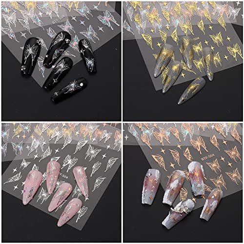3D Butterfly Nail Art Stickers - 8 Sheets Gold & Holographic Decals