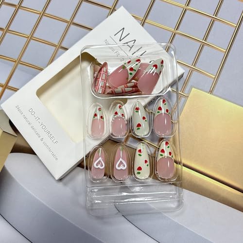 Long Almond Press on Nails Strawberry Pearl Design Glossy Fake Nails 24Pcs