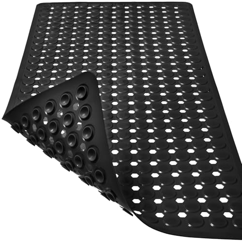 TEESHLY Black Bath Mat with Suction Cups & Drain Holes, 35x16 Inch Non-Slip Shower Rug