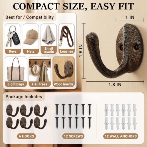 Rustic Cast Iron Wall Hooks - 6 Pack Vintage Coat Hangers