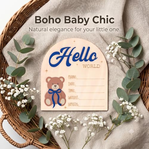 Wooden Hello World Baby Announcement Sign with Bear - Newborn Photo Prop