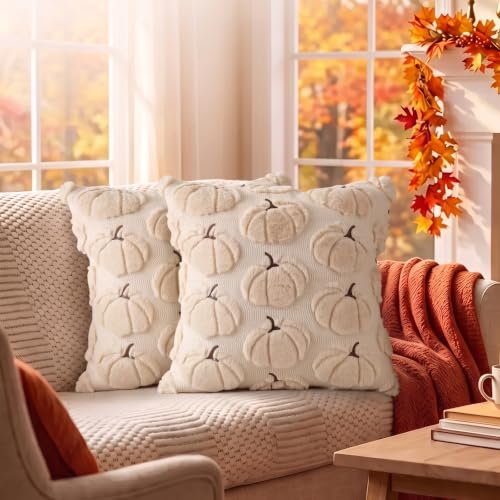 DANGEAB Fall Pumpkin Pillow Covers 18x18, Beige Set of 2 Autumn Decor