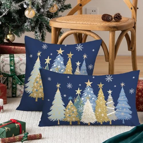 Christmas Watercolor Tree Pillow Cover 20x20 Inch Holiday Sofa Decor Blue