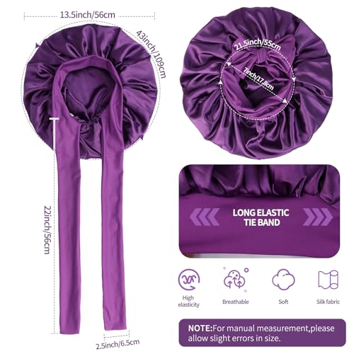 Double Layer Satin Sleep Bonnet with Adjustable Tie Band for Women Purple