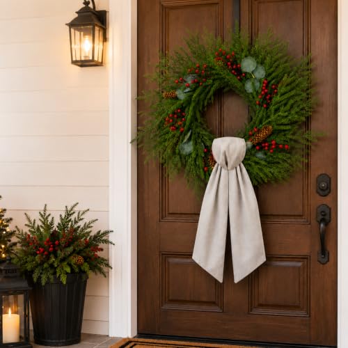 24 Inch Christmas Wreath for Front Door with Decorative Sash - Faux Norfolk Pine Berries & Pinecones - Farmhouse Holiday Decor - Red