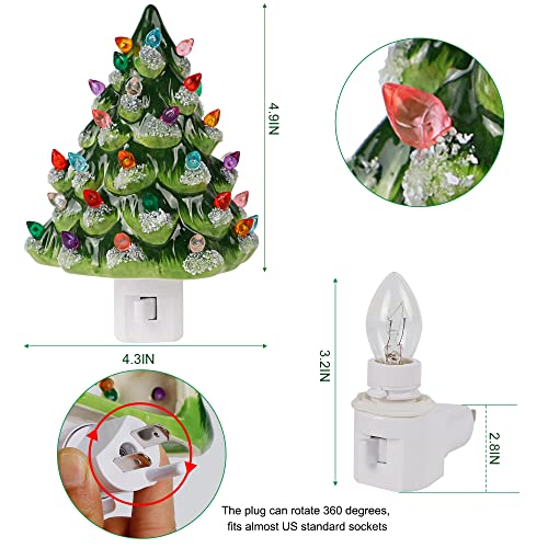 Christmas Ceramic Tree Night Light with Snow Cover - Multicolor Bulbs, Swivel Plug, On/Off Switch