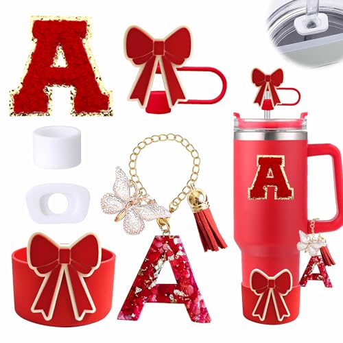 Red Stanley Cup Accessories Set with Bow Boot Leak-Proof Stopper and Initial Charm for 30/40oz Tumbler