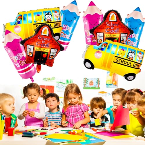 8 PCS Back to School Balloons Set - School Bus & Pencil Foil Decorations