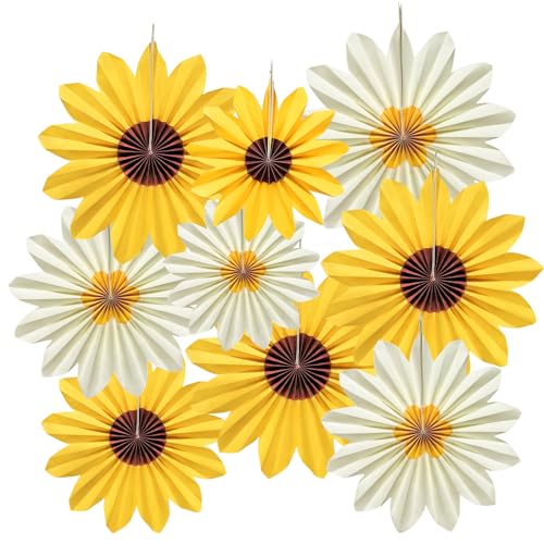 Sunflower Paper Fans - 9pcs Yellow Flower Decorations for Parties