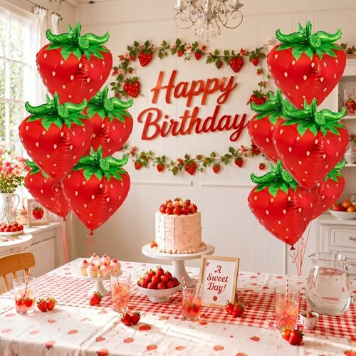 PullCrease 4D Strawberry Foil Balloons, 29-Inch Fruit Party Decor, 6 Pack
