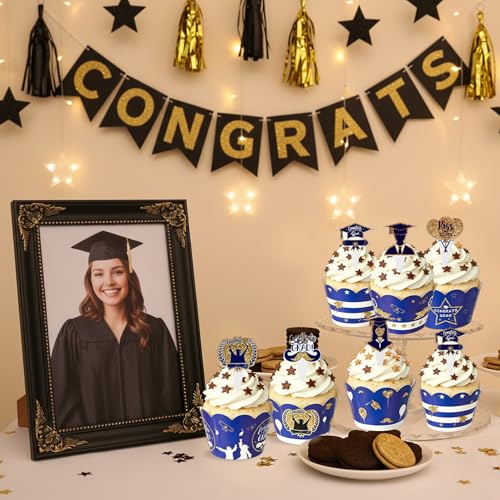 Graduation Cupcake Toppers & Wrappers Set - 24PCS Blue Grad Decorations