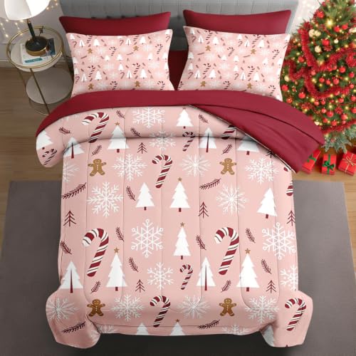 WeCozy King Christmas Comforter Set with Sheets - Pink Holiday Bedding, 7 Piece