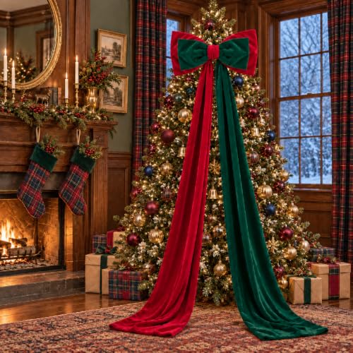Extra Large Christmas Bow Tree Topper 23x78 Inches Red and Green Velvet Decor
