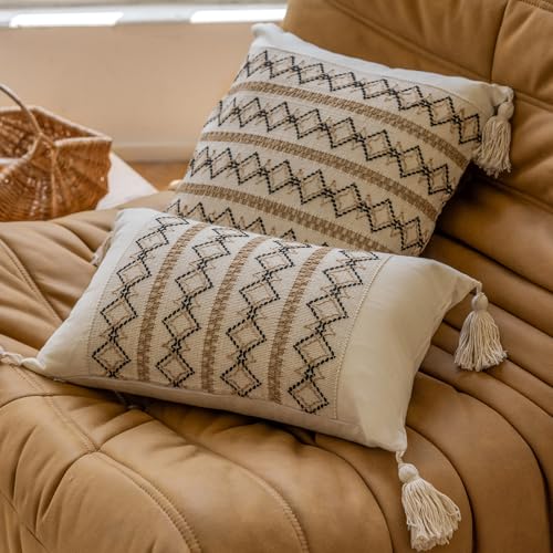 vctops Boho Cotton Linen Lumbar Pillow Cover 12x20 Inch with Tassels