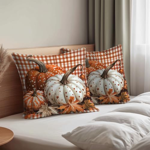 HOMETITUTE Fall Pumpkin Plaid Throw Pillow Covers 18x18 Inch - Set of 2, Autumn Thanksgiving Decor, Variation #04