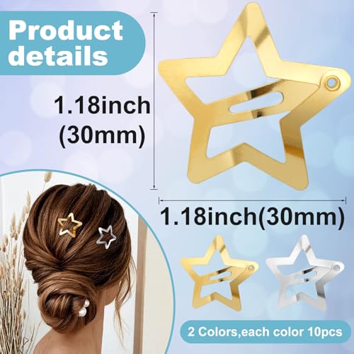PAGOW 20 Pcs Metal Star Hair Clips, 3cm Non-Slip Snap Hair Barrettes