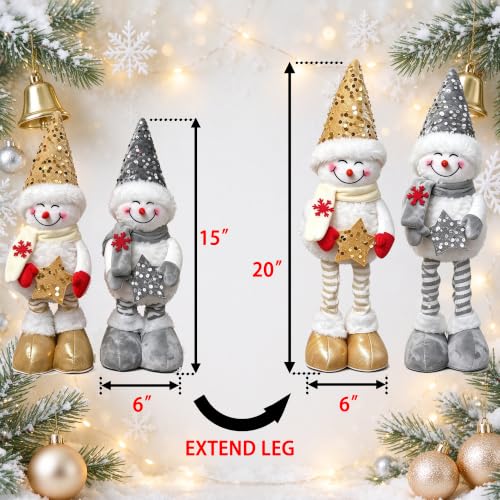 Christmas Snowman Decor Set - 20-Inch Plush Standing Figures with Extendable Legs - Gold & Silver, Pack of 2