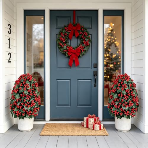 28-Inch Artificial Christmas Berry Plant in Pot - Red Holly Decor, Rustic Winter Holiday Indoor Outdoor