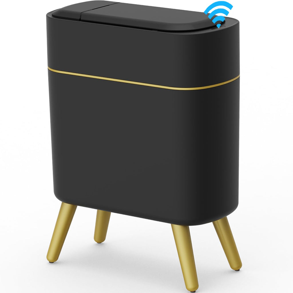 Yatmung Bathroom Trash Can Automatic Touchless Modern Smart Trash Bin - Narrow Waste Basket for Bedroom, Laundry Room, Office, Plastic - Motion Sensor Garbage Can with Lid - Black with Gold Edge