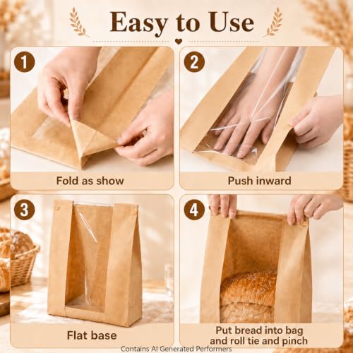 24 Pack Sourdough Bread Storage Bags - Food-Grade Kraft Paper with Window