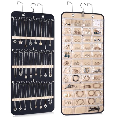 Oqqlin Double-Sided Hanging Jewelry Organizer with 43 Pockets & 21 Hooks