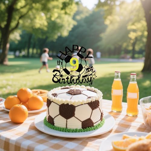 Soccer Ball Cake Topper for 9th Birthday - Black Glitter Decoration