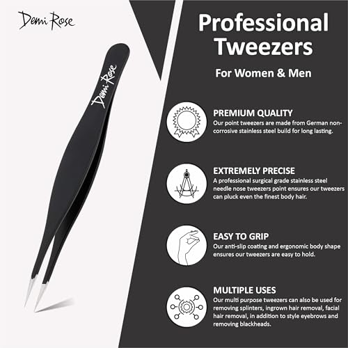 DEMI ROSE Pointed Precision Tweezers - Stainless Steel Splinter & Ingrown Hair Remover