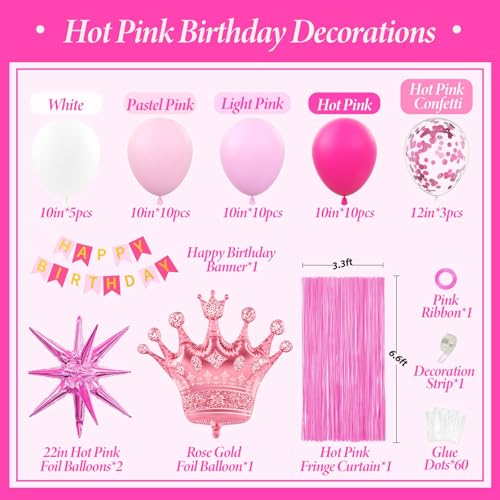 Hot Pink Birthday Decorations Set with Balloons, Banner and Fringe Curtain