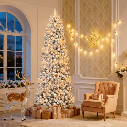 Pre-Lit Flocked Pencil Christmas Tree 7.5ft with 350 Lights and Remote - White / 7ft 6in