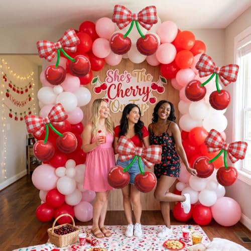 Red Plaid Cherry Foil Balloons - Fruit Theme Party Supplies, 6 Pack