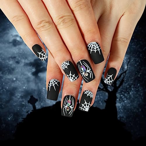 Halloween Coffin Press on Nails - 24Pcs White Spider Acrylic False Nails