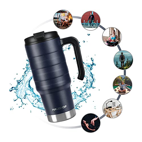 HAUSHOF 24 oz Stainless Steel Travel Mug with Handle - Insulated & Leak-Proof, BPA Free (Navy Blue)